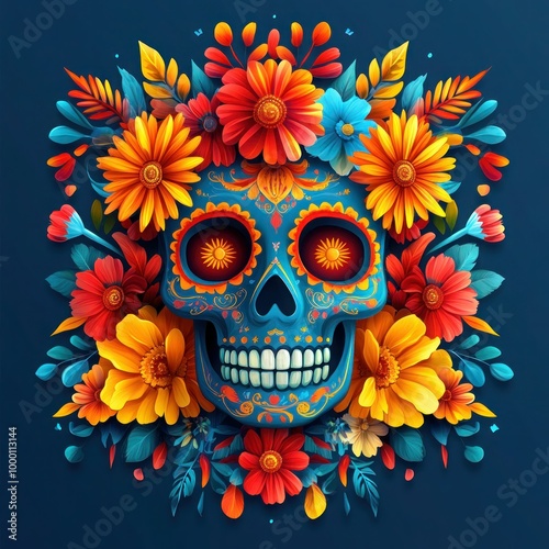 Traditional Dia de los Muertos Vector Illustration with Mexican Skull Ornaments and Symbols