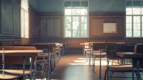 Wallpaper Mural Empty Classroom. Back to school concept in high school. Classroom Interior Vintage Wooden Lecture Wooden Chairs and Desks. Studying lessons in secondary education. generative ai Torontodigital.ca