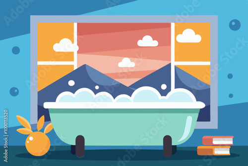 Vector Illustration of a Clawfoot Bathtub Filled with Bubbles by a Scenic Window