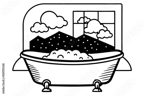 Vector Illustration of a Clawfoot Bathtub Filled with Bubbles by a Scenic Window