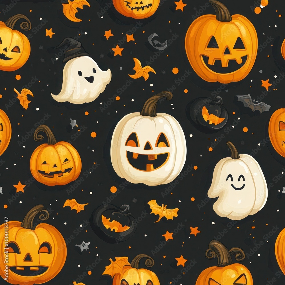 Spooky Halloween Seamless Pattern with Cute Pumpkins and Vector Elements - EPS Background Spooky Halloween Seamless Pattern with Cute Pumpkins and Vector Elements - EPS Background