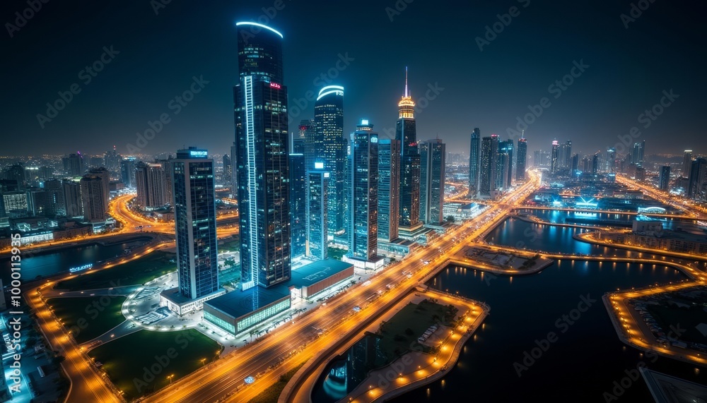Fototapeta premium Bright Cityscape at Night Urban Metropolis