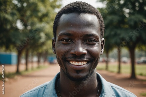 Close portrait of a smiling young South Sudanese man looking at the camera, South Sudanese outdoors blurred background