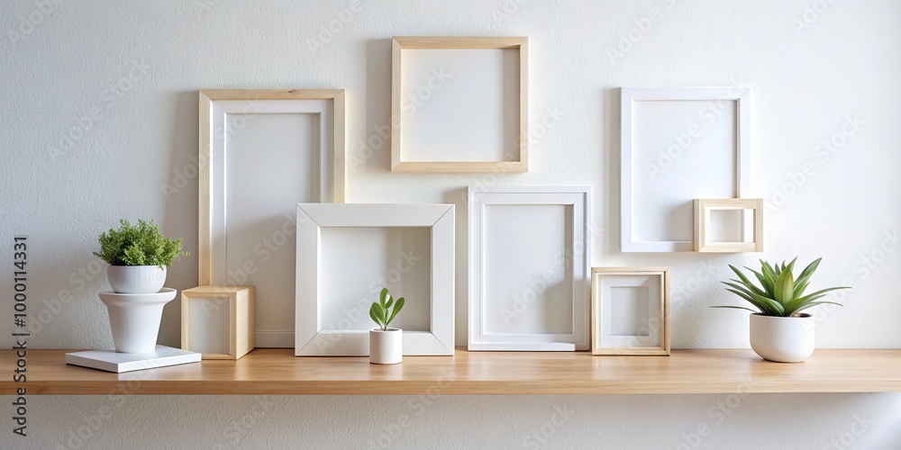 Minimalist Gallery Wall with Empty Picture Frames and Potted Plants on Wooden Shelf - Modern Interior Design Concept with Tranquil Aesthetic and Neutral Color Palette Minimalist Gallery Wall with Empty Picture Frames and Potted Plants on Wooden Shelf - Modern Interior Design Concept with Tranquil Aesthetic and Neutral Color Palette