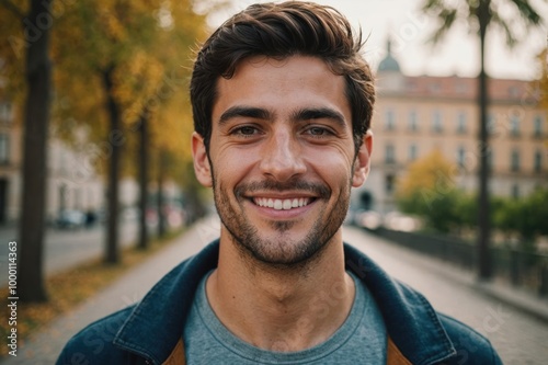 Close portrait of a smiling young Spanish man looking at the camera, Spanish outdoors blurred background