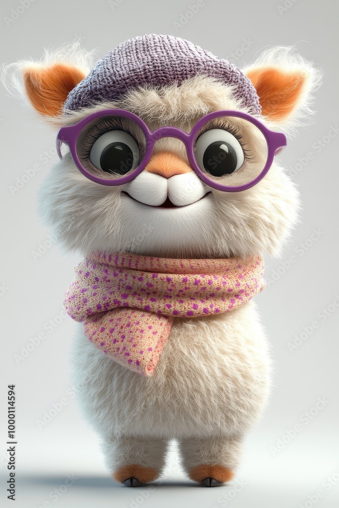 Obraz premium An adorable cartoon llama wearing purple glasses, a knitted hat, and a patterned scarf. perfect for children's designs, posters, or playful marketing material.