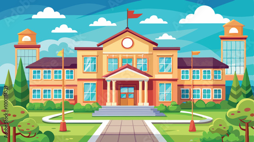 A cartoon vector of back to school illustration of an old European house on a hill, featuring classic architecture and a residential street view