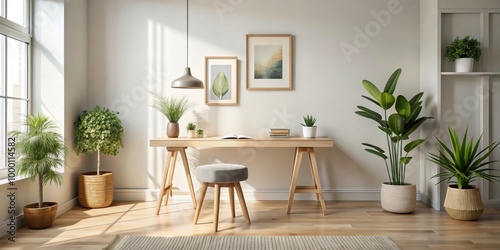 Serene Home Office Oasis Minimalist Workspace with Wooden Desk, Plants, and Natural Light Tranquil Work Environment Concept