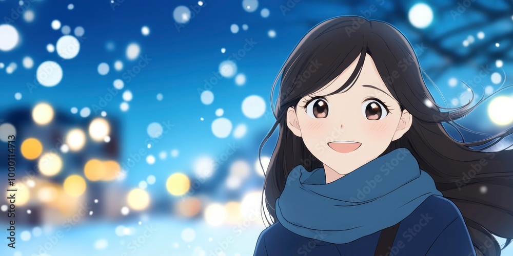 A beautiful anime girl smiling, with city lights in the background, a blue sky with snow falling A beautiful anime girl smiling, with city lights in the background, a blue sky with snow falling