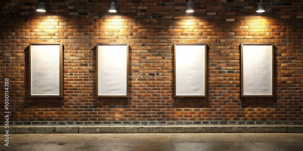 Urban Chic Symmetry Closeup of Illuminated Frames on Textured Red Brick Wall with Warm Lighting, Contemporary Loft Aesthetics for Advertising and Design Inspiration Urban Chic Symmetry Closeup of Illuminated Frames on Textured Red Brick Wall with Warm Lighting, Contemporary Loft Aesthetics for Advertising and Design Inspiration