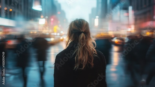 A woman experiencing a panic attack in a crowded city, standing alone while the world moves around her, symbolizing isolation and anxiety