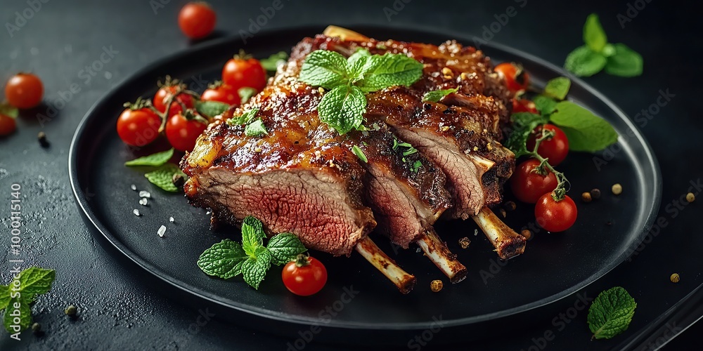 Gourmet Roast Lamb with Mint and Cherry Tomatoes on a Black Plate Gourmet Roast Lamb with Mint and Cherry Tomatoes on a Black Plate