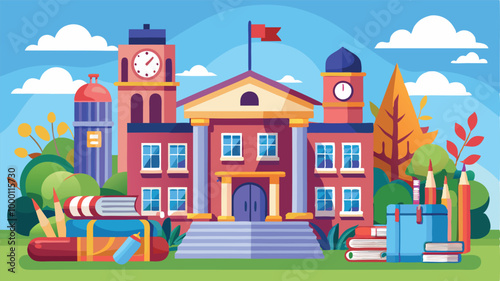 A cartoon vector of back to school illustration of an old European house on a hill, featuring classic architecture and a residential street view