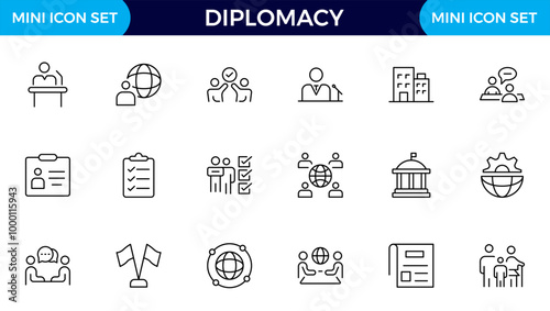 Diplomacy Line Icons set. Vector illustration in modern thin line style of political dialogue related icons: summit, diplomatic, politics, debate, and more.