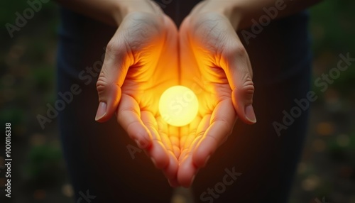  Hands cradling a glowing orb of light photo