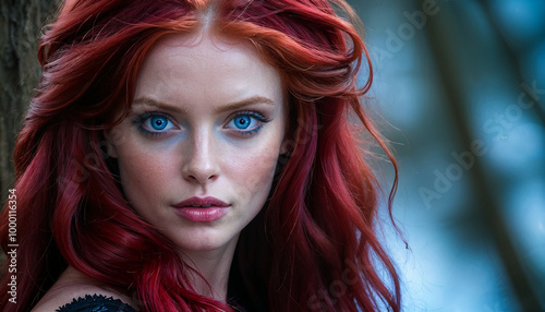 beautiful model face with blue eyes and ruby red hairs