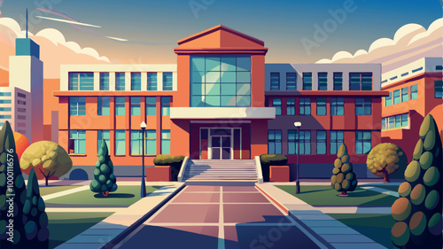 A cartoon vector of back to school illustration of an old European house on a hill, featuring classic architecture and a residential street view