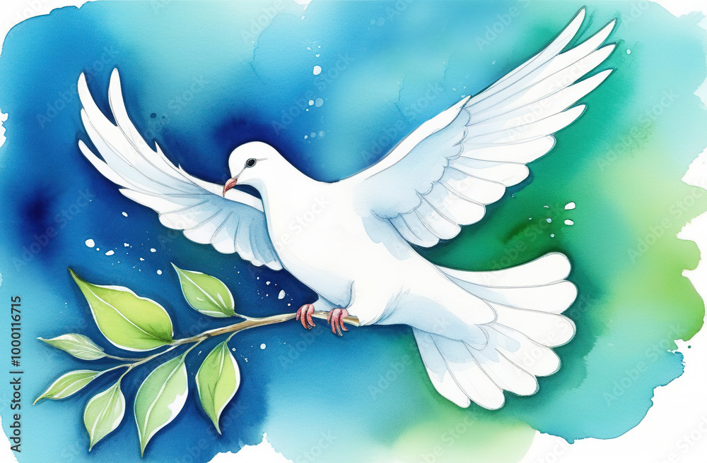 Obraz premium White dove with a twig soaring in the sky. A white dove of peace illustration.
