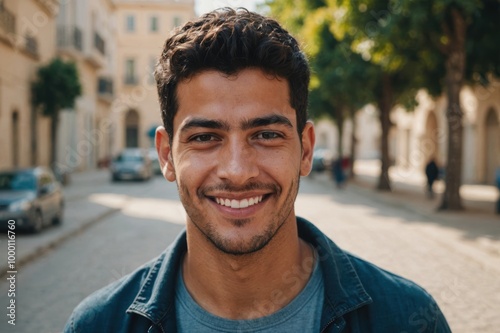 Close portrait of a smiling young Tunisian man looking at the camera, Tunisian outdoors blurred background