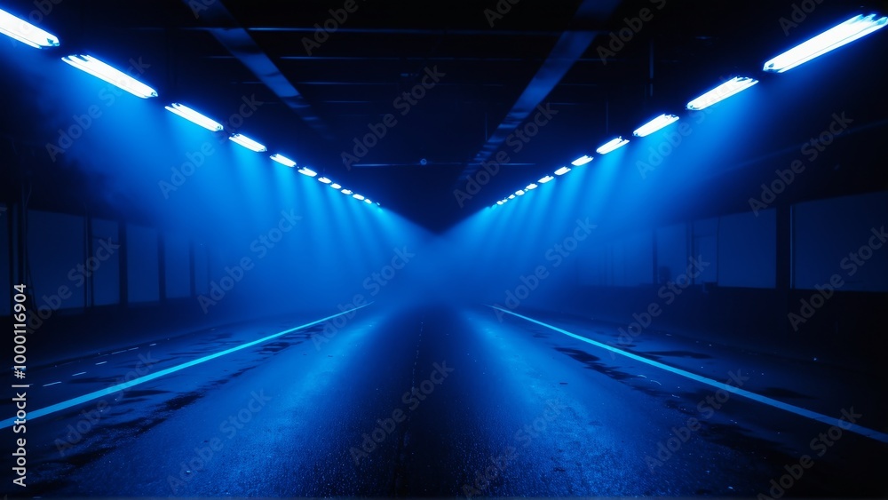 Blue light rays and neon spotlights on dark stage Blue light rays and neon spotlights on dark stage
