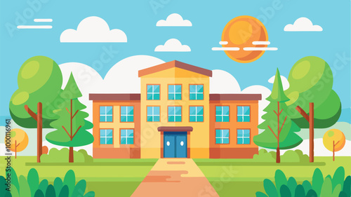 A cartoon vector of back to school illustration of an old European house on a hill, featuring classic architecture and a residential street view