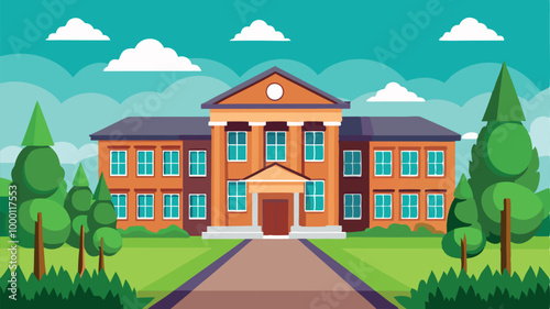 A cartoon vector of back to school illustration of an old European house on a hill, featuring classic architecture and a residential street view
