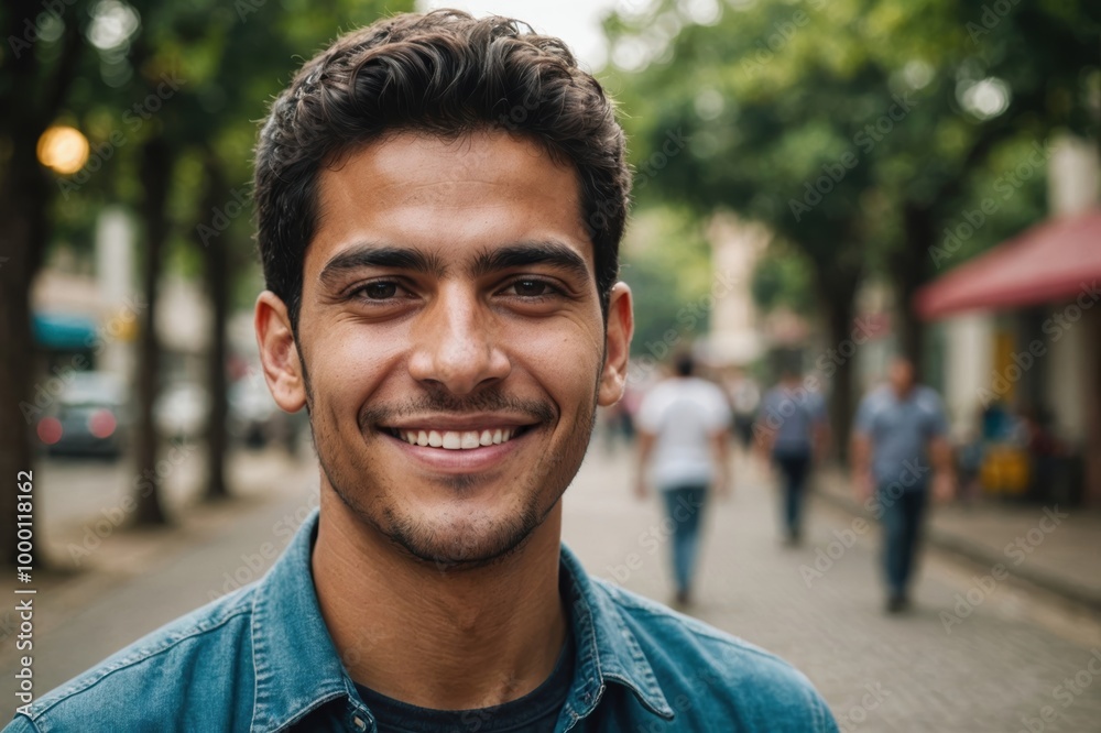 Close portrait of a smiling young Venezuelan man looking at the camera, Venezuelan outdoors blurred background Close portrait of a smiling young Venezuelan man looking at the camera, Venezuelan outdoors blurred background