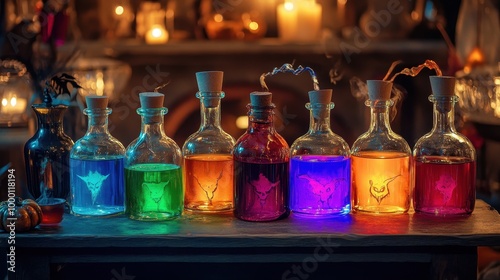 Creepy Halloween Potion-Making Station with Colorful Bottles including Witchâ€™s Brew and Dragonâ€™s Blood