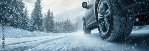 A close-up of a car driving on a snowy road surrounded by a snow-covered forest, highlighting the tire tracks and winter scenery