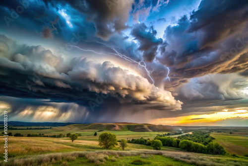Dramatic thunderstorm over rolling hills at sunset with vibrant lightning illuminating the sky and lush landscape below. Generative AI
