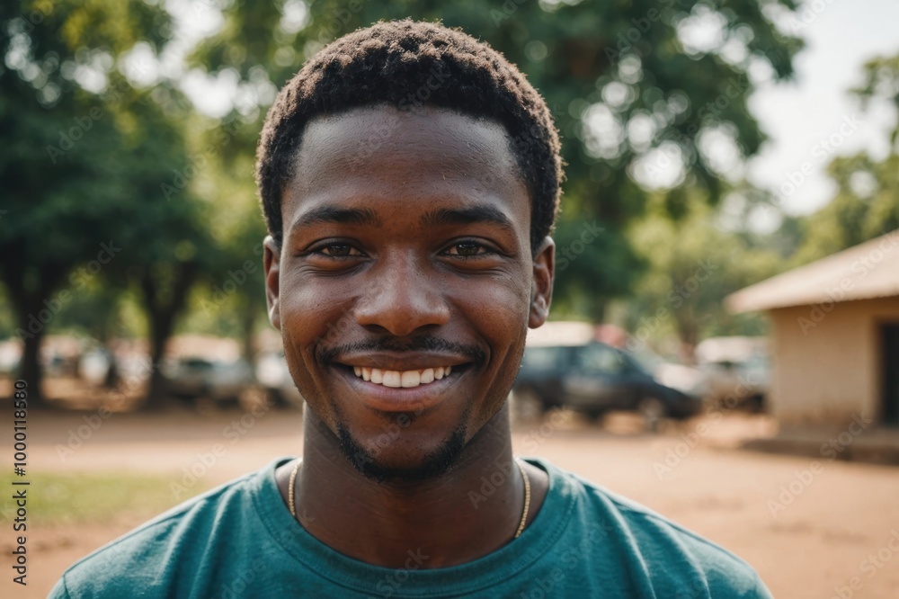 Close portrait of a smiling young Zambian man looking at the camera, Zambian outdoors blurred background