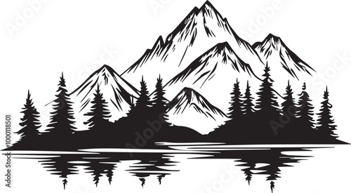 Mountain outline vector with the tree, Mountain range silhouette isolated vector illustration.