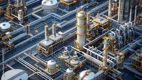 Visual representation of a refinery showcasing the desulfurization process complete with refinery equipment storage tanks and pipelines emphasizing environmental regulations high resolution