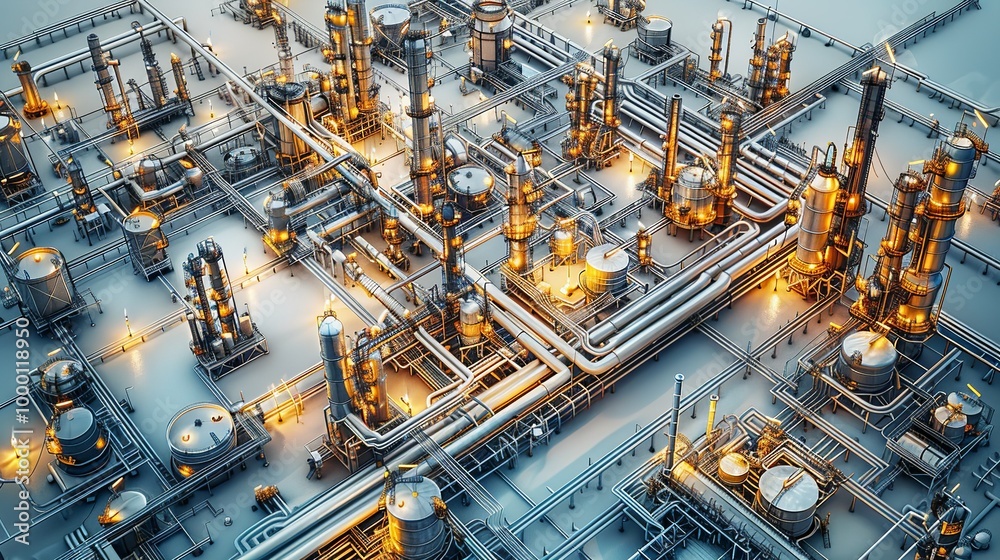 Visual guide to refinery operations focusing on desulfurization and catalytic cracking processes with detailed refinery equipment pipelines storage tanks and environmental regulations high resolution