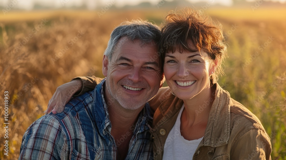 Middle aged caucasian couple living on a farm in the countryside smiling portrait Middle aged caucasian couple living on a farm in the countryside smiling portrait