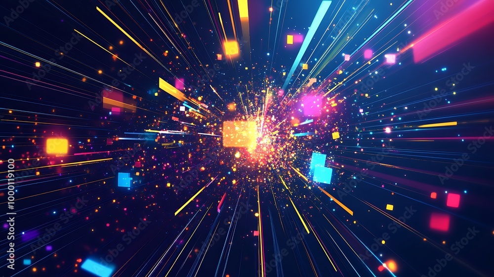 Naklejka premium Abstract colorful light streaks and particles radiating outward from a central point.