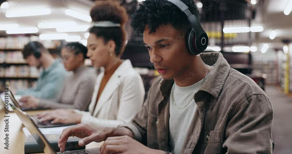 Man, student and headphones with laptop in library for typing assignment essay, study music or exam research. University, group and person with technology for online course, radio audio and education