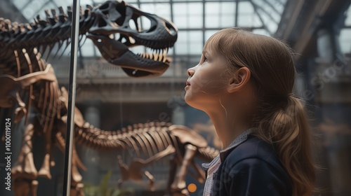 A child looking up in awe at a museum exhibit of a dinosaur skeleton, representing the wonder of discovering our planet's ancient past.