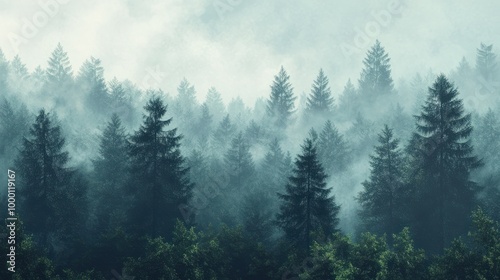 Misty landscape with fir forest in vintage retro style. Generative AI
