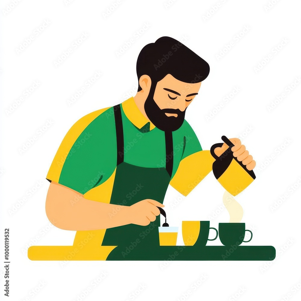 Flat illustration of a bartender preparing coffee, yellow and green Flat illustration of a bartender preparing coffee, yellow and green