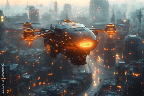 A drone or unmanned aerial vehicle hovers above a busy metropolis in the future, perfect for advertisements, films, business presentations to highlight the cutting-edge and future smart city concept. photo