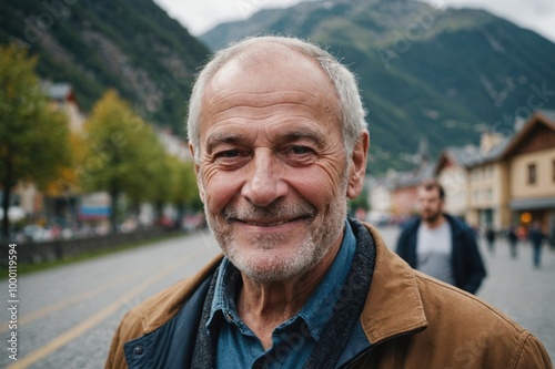 Close portrait of a smiling senior Andorran man looking at the camera, Andorran outdoors blurred background