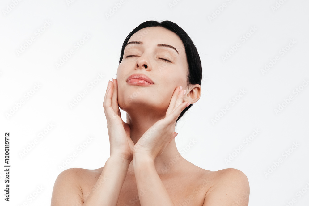 Studio, shine and joy of woman, beauty and treatment of skincare, soft and glow of body in results. White background, aesthetic and proud for skin, dermatology and cosmetics for person. No makeup Studio, shine and joy of woman, beauty and treatment of skincare, soft and glow of body in results. White background, aesthetic and proud for skin, dermatology and cosmetics for person. No makeup