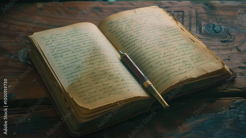 Obraz premium A diary open to a blank page, with a pen lying beside it, symbolizing the struggle to express feelings that are too deep to articulate.