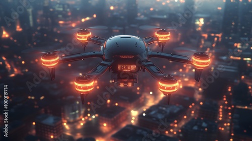 A drone or unmanned aerial vehicle hovers above a busy metropolis in the future, perfect for advertisements, films, business presentations to highlight the cutting-edge and future smart city concept. photo