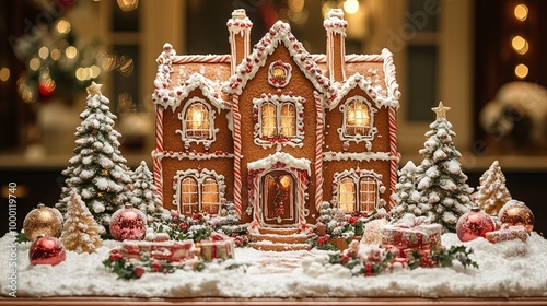 Illuminated Gingerbread House with Snowy Trees and Ornaments