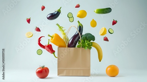 Fototapeta Naklejka Na Ścianę i Meble -  Fresh fruits and vegetables flying out of paper bag on white background.