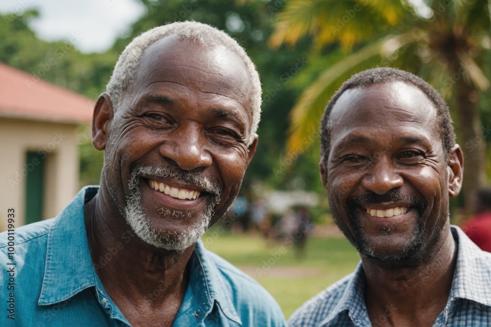 Close portrait of a smiling senior Antiguan and Barbudan man looking at the camera, Antiguan and Barbudan outdoors blurred background Close portrait of a smiling senior Antiguan and Barbudan man looking at the camera, Antiguan and Barbudan outdoors blurred background