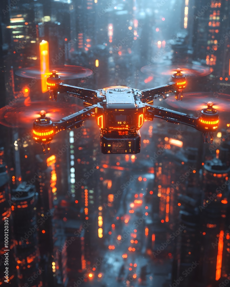A drone or unmanned aerial vehicle hovers above a busy metropolis in the future, perfect for advertisements, films, business presentations to highlight the cutting-edge and future smart city concept. A drone or unmanned aerial vehicle hovers above a busy metropolis in the future, perfect for advertisements, films, business presentations to highlight the cutting-edge and future smart city concept.