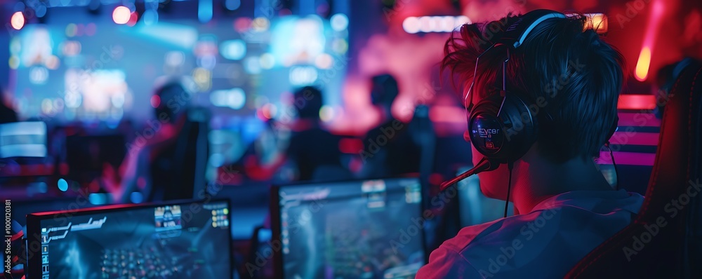 A gamer wearing headphones engages in a competitive gaming event, surrounded by an energetic crowd and vibrant lighting. A gamer wearing headphones engages in a competitive gaming event, surrounded by an energetic crowd and vibrant lighting.